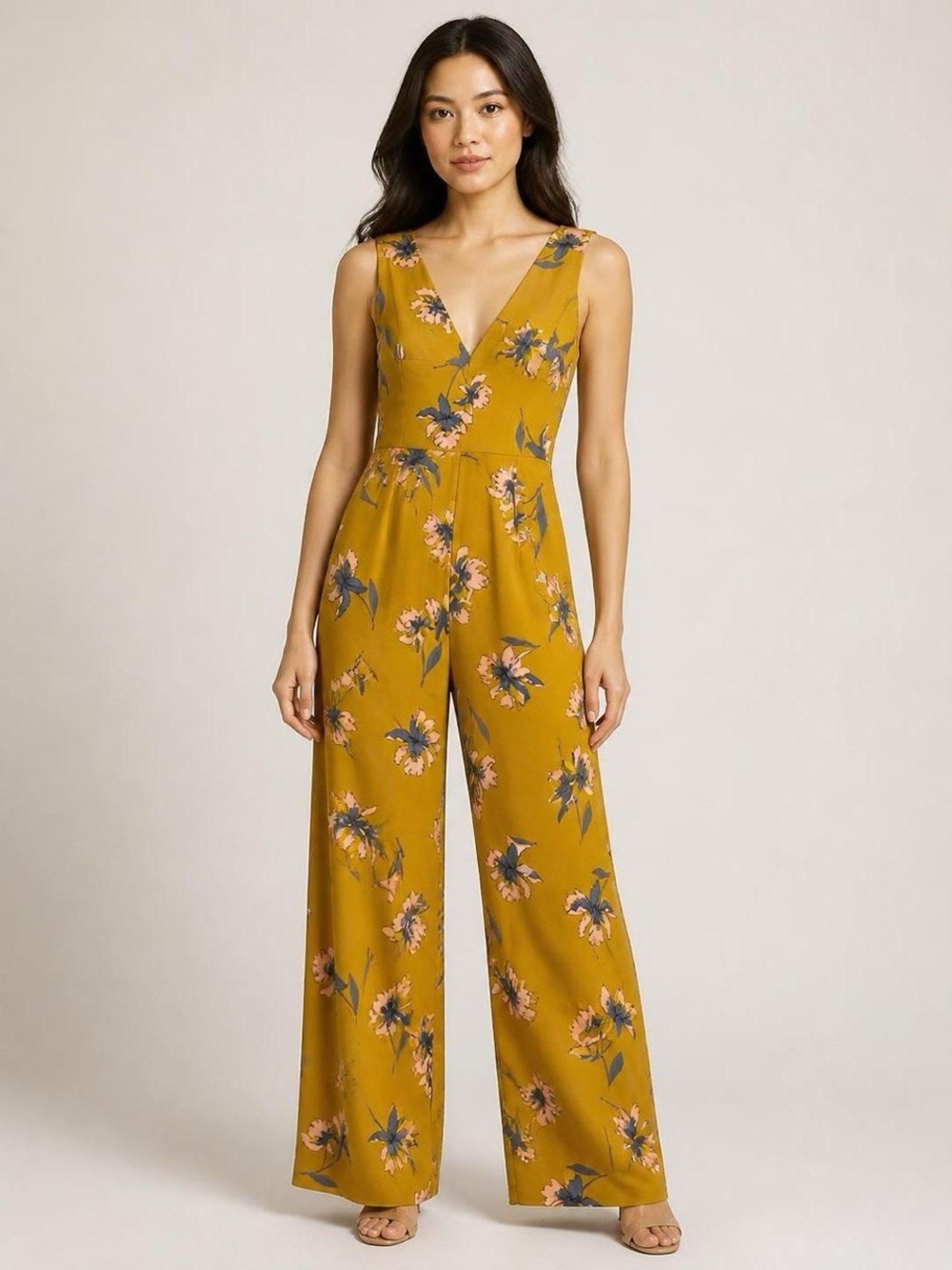 Lulus Mustard Floral V-Neck Wide-Leg Jumpsuit